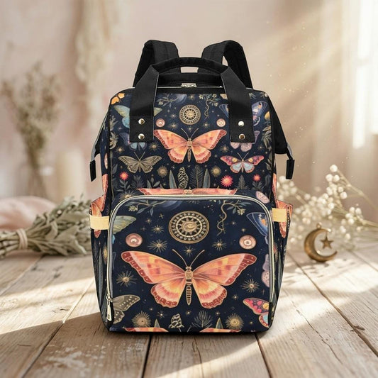 Moth Butterfly Diaper Backpack, Celestial Botanical Baby Bag, Vintage Nature Print, Cottagecore Baby Bag