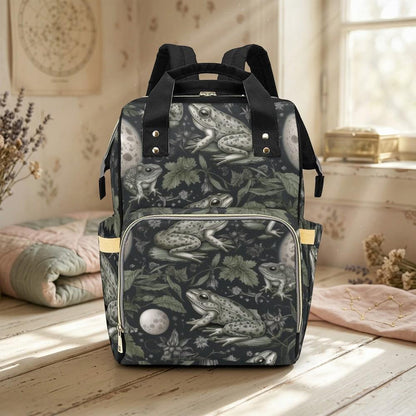 Vintage Frog Illustration Diaper Backpack, Woodland Nature Baby Bag with Night Garden Amphibian Print
