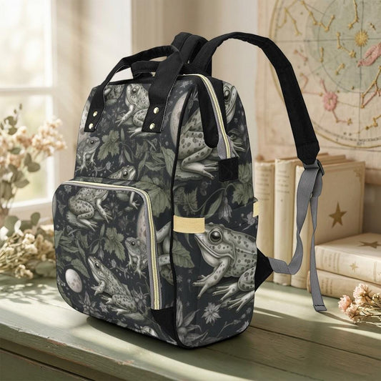 Vintage Frog Illustration Diaper Backpack, Woodland Nature Baby Bag with Night Garden Amphibian Print