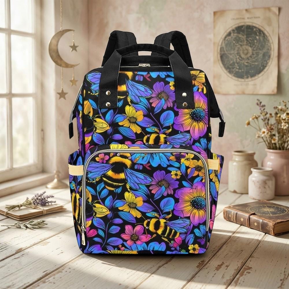 Bee Floral Diaper Backpack with Bold Botanical Print, Nature-Inspired Baby Bag for Moms