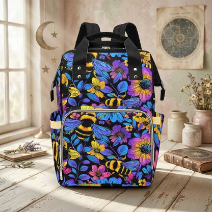 Bee Floral Diaper Backpack with Bold Botanical Print, Nature-Inspired Baby Bag for Moms