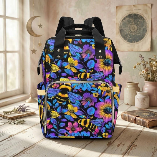 Bee Floral Diaper Backpack with Bold Botanical Print, Nature-Inspired Baby Bag for Moms
