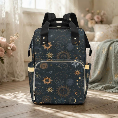 Celestial Sun and Moon Diaper Backpack, Astrology Pattern Baby Bag, Cosmic Travel Parent Bag