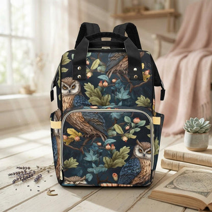 Owl Forest Illustration Diaper Backpack with Vintage Botanical Artwork, Woodland Baby Bag, Nature Print Backpack