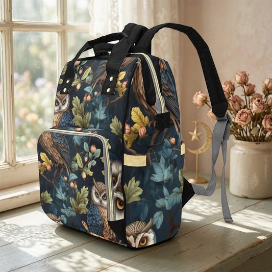 Owl Forest Illustration Diaper Backpack with Vintage Botanical Artwork, Woodland Baby Bag, Nature Print Backpack