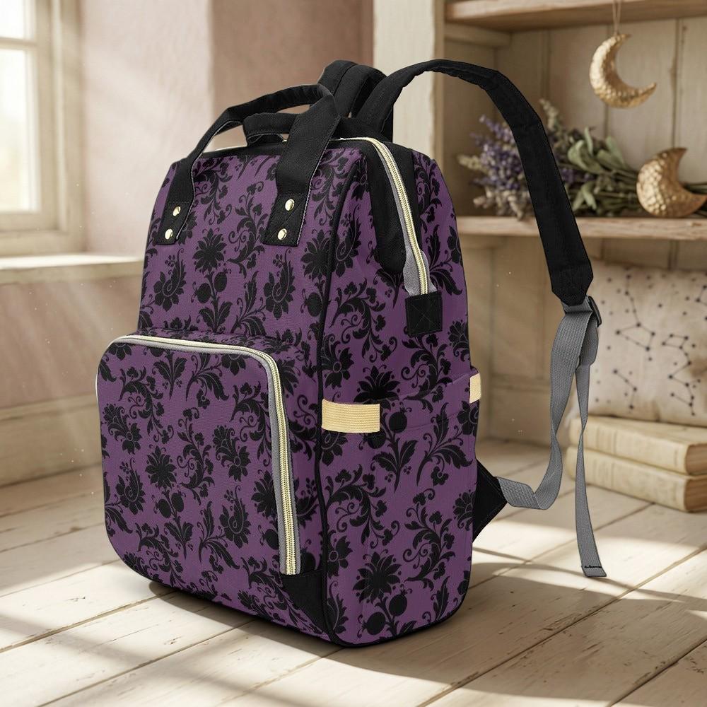 Gothic Diaper Bag Backpack, Purple Damask Baby Bag, Nursery Organizer