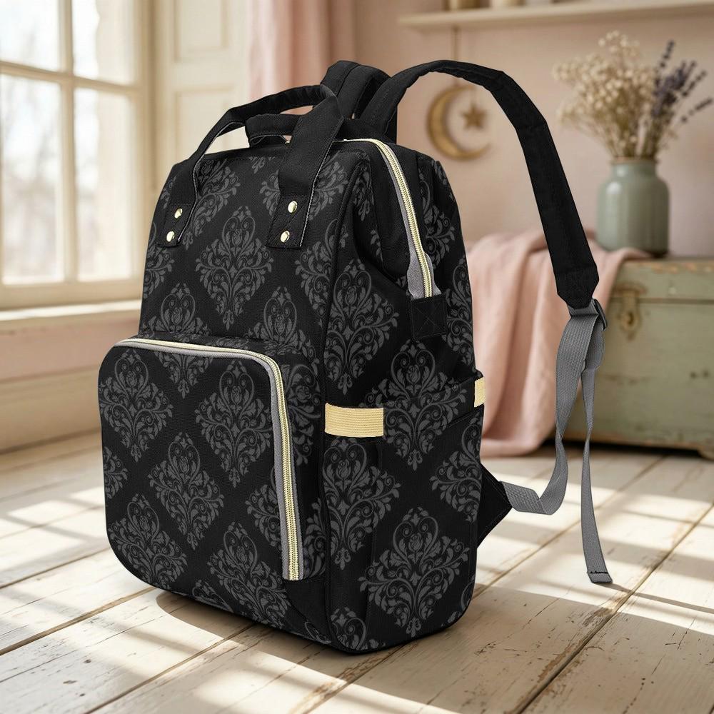 Black Damask Diaper Bag Backpack, Gothic Mom Backpack, Baby Travel Bag Organizer
