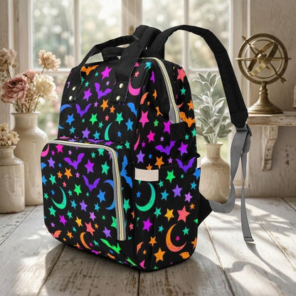 Spooky Diaper Bag Backpack, Neon Bat Moon Baby Bag, Halloween Mom Backpack