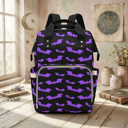 Purple Bat Diaper Bag Backpack, Gothic Baby Travel Bag, Halloween Stroller Bag