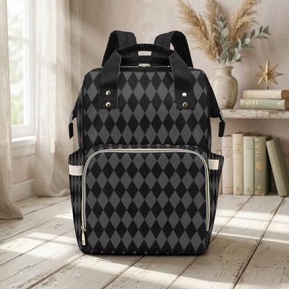 Diaper Bag Backpack in Black Argyle, Neutral Baby Travel Bag, Modern Mom Backpack