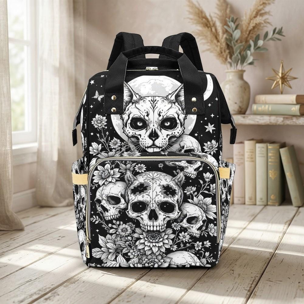 Gothic Diaper Bag Backpack, Skull Cat Mom Backpack, Baby Travel Organizer