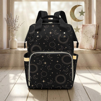 Celestial Diaper Backpack, Moon Star Baby Bag, Black Mom Backpack