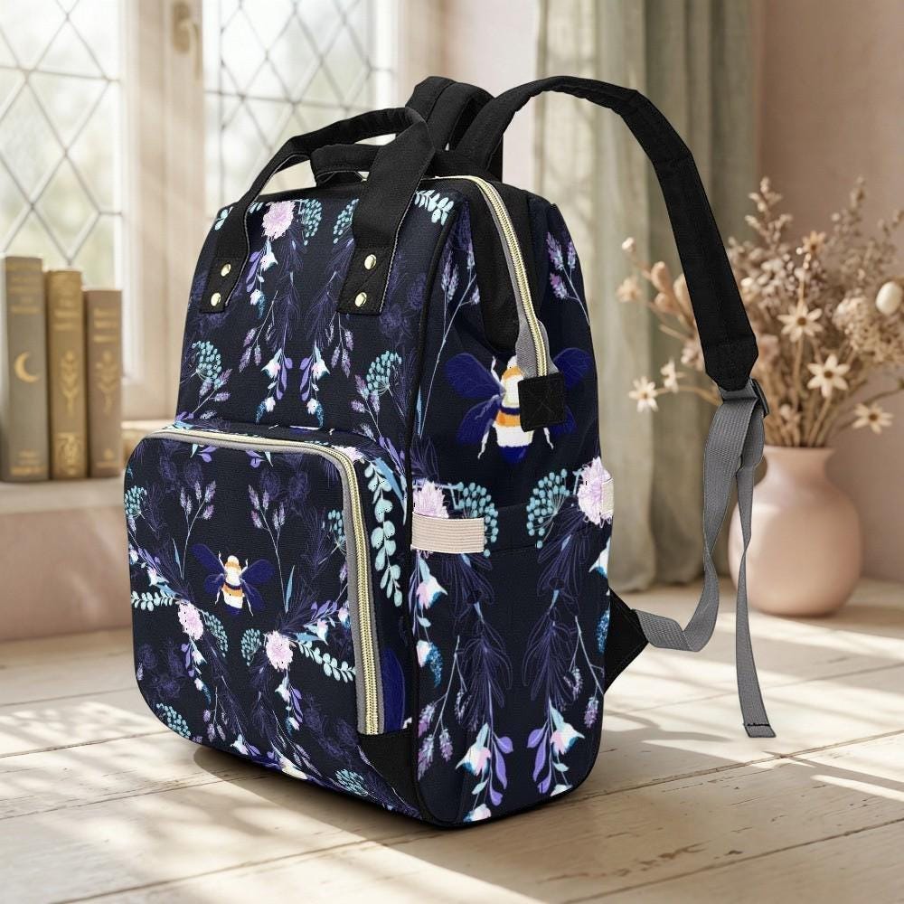 Botanical Bee Diaper Backpack, Floral Mom Bag, Stroller Organizer