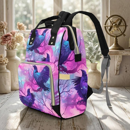 Raven Magic Backpack with Gothic Bird Print, Witchy Festival Bag for Everyday Travel and Occult Fashion