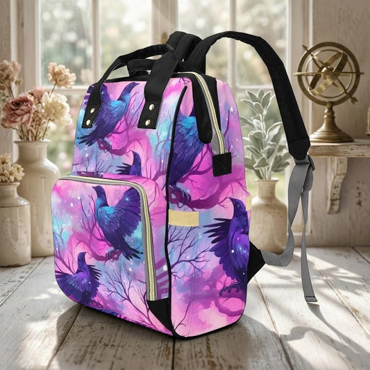 Raven Magic Backpack with Gothic Bird Print, Witchy Festival Bag for Everyday Travel and Occult Fashion