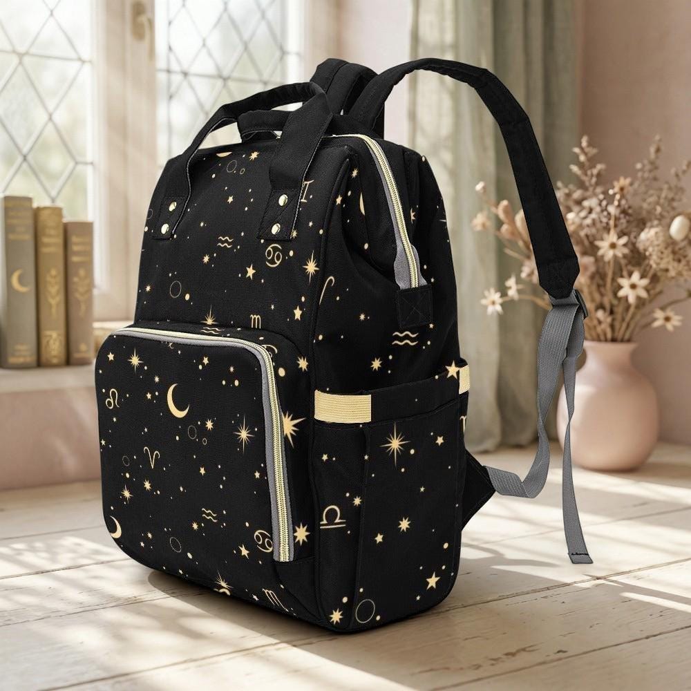 Celestial Diaper Backpack, Zodiac Baby Travel Bag, Moon Star Mom Backpack