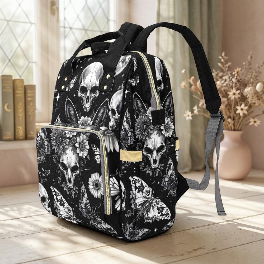 Skull Butterfly Backpack Black Gothic School Bag Halloween Gift for Teens and Adults