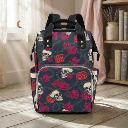 Skull Rose Diaper Bag Backpack with Dark Floral Print for Edgy Moms