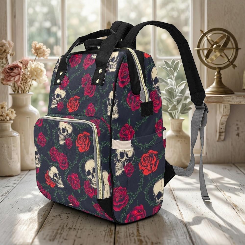 Skull Rose Diaper Bag Backpack with Dark Floral Print for Edgy Moms