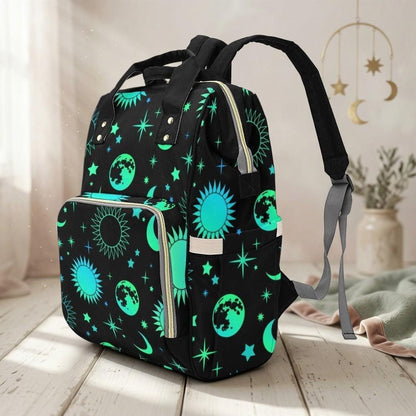 Celestial Diaper Backpack, Teal Moon Sun Star Mom Bag, Cosmic Nursery Organizer, Witchy Space Print Travel Bag