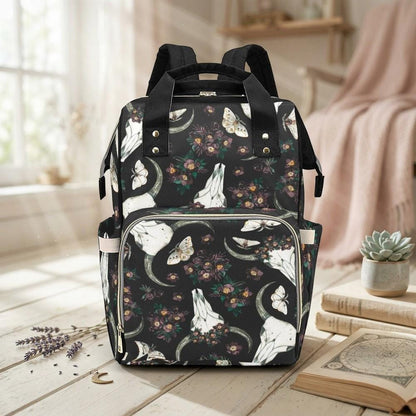 Skull floral backpack, witchy diaper bag, mystical baby travel bag, dark academia mom purse