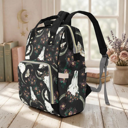 Skull floral backpack, witchy diaper bag, mystical baby travel bag, dark academia mom purse