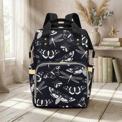 Black & White Moths Backpack, Witchy Diaper Bag, Enchanted School Satchel, Mystical Tote