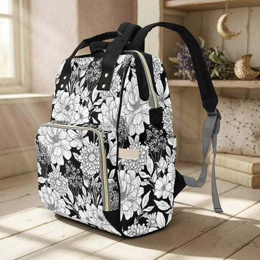 Black White Floral Backpack, Cottagecore Diaper Bag, Botanical School Satchel, Witty Mom Bag