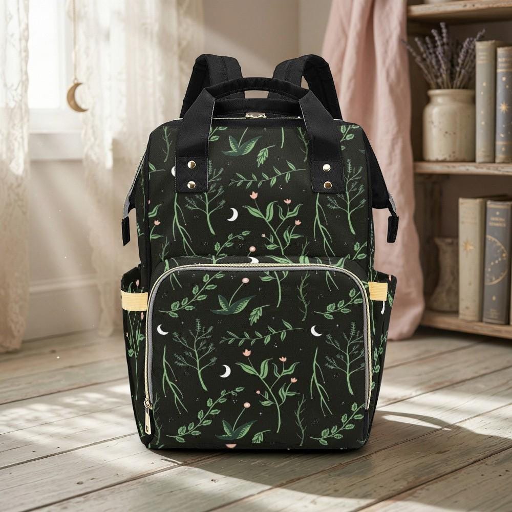 Diaper Backpack with Moon Floral Print, Baby Travel Bag, Mom Backpack, Nursery Organizer