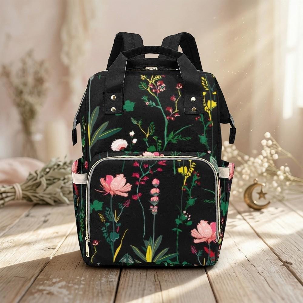 Floral Diaper Bag Backpack, Black Baby Travel Bag, Mom Backpack