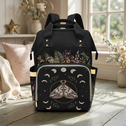 Moth Moon Phase Diaper Backpack, Witchy Mom Essentials, Celestial Baby Bag