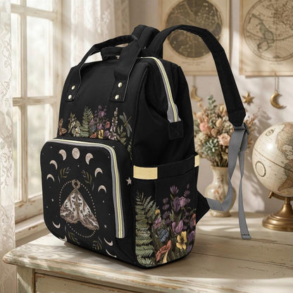 Moth Moon Phase Diaper Backpack, Witchy Mom Essentials, Celestial Baby Bag