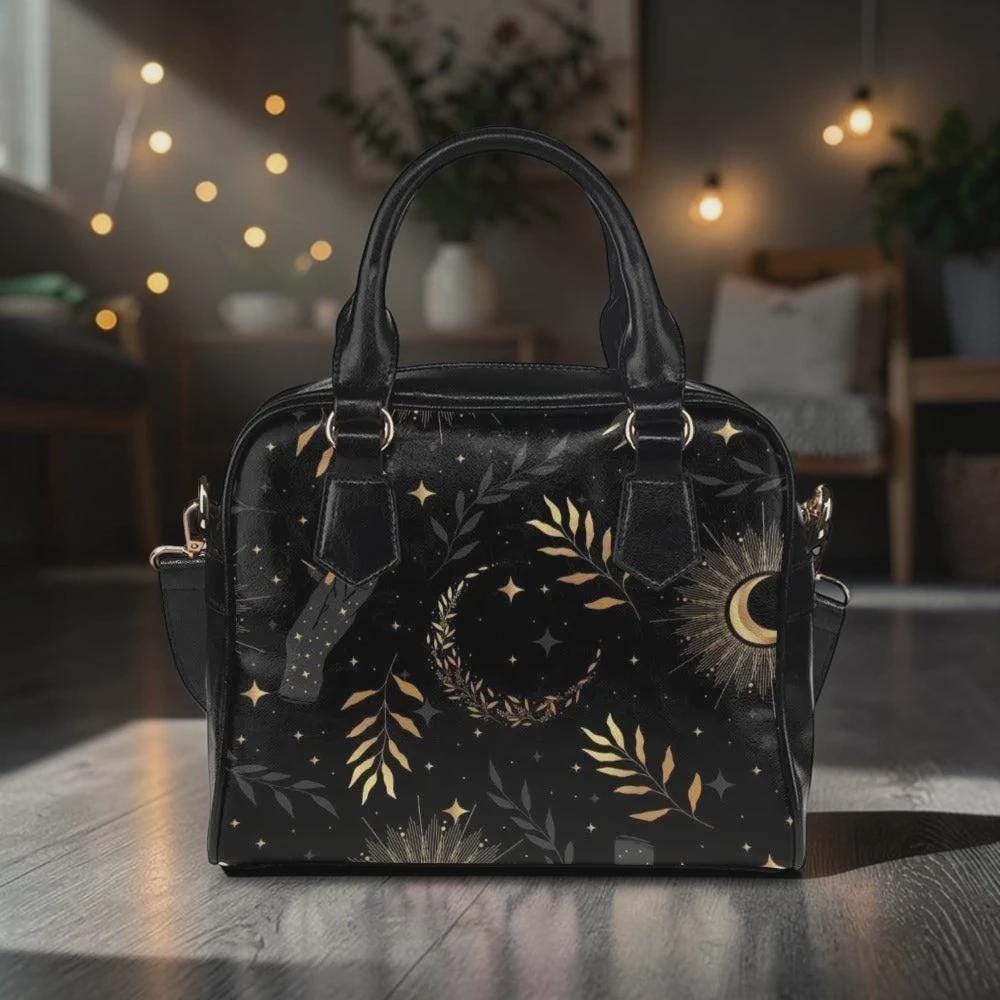 Celestial Satchel Purse, Moon and Stars Handbag, Gothic Botanical Top Handle Bag