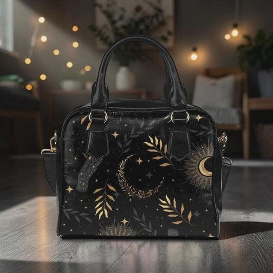 Celestial Satchel Purse, Moon and Stars Handbag, Gothic Botanical Top Handle Bag