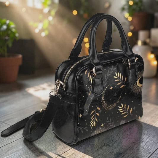Celestial Satchel Purse, Moon and Stars Handbag, Gothic Botanical Top Handle Bag