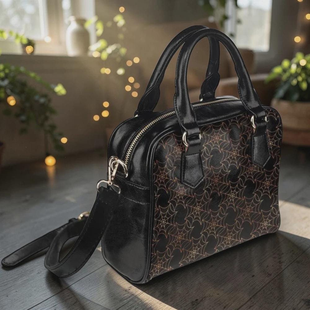 Spiderweb Handbag, Halloween Satchel Purse, Black Bowler Bag with Crossbody Strap