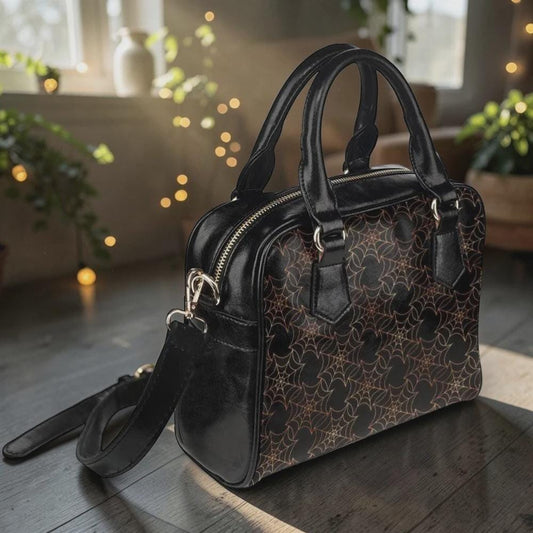 Spiderweb Handbag, Halloween Satchel Purse, Black Bowler Bag with Crossbody Strap