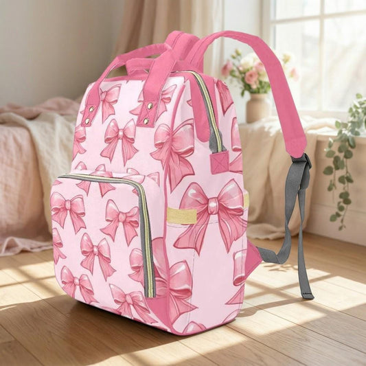 Bow Diaper Backpack, Pink Mom Backpack, Baby Travel Bag, Nursery Organizer