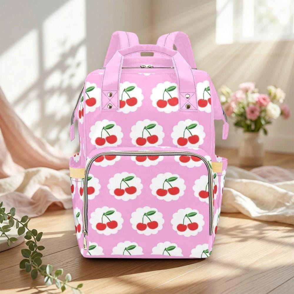Cherry Diaper Backpack, Baby Travel Bag, Stroller Bag, Retro Mom Bag for Girls