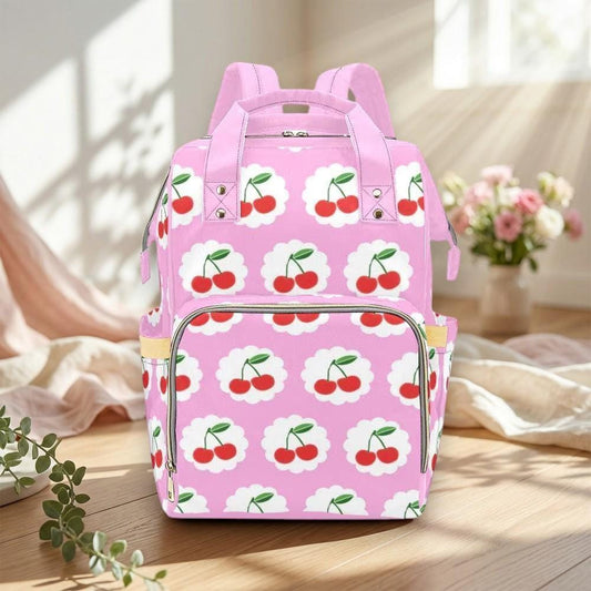 Cherry Diaper Backpack, Baby Travel Bag, Stroller Bag, Retro Mom Bag for Girls