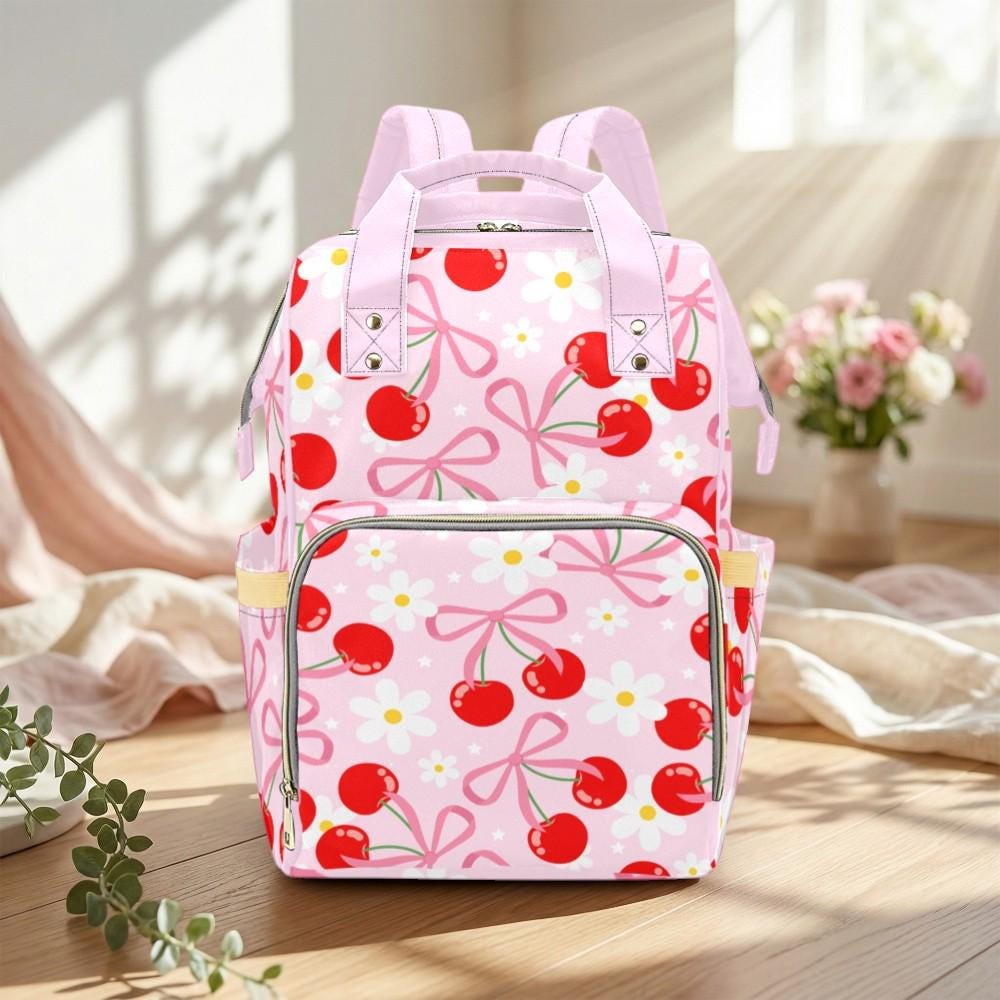 Coquette Cherry Diaper Bag Backpack, Baby Girl Travel Pack, Bow Nursery Organizer