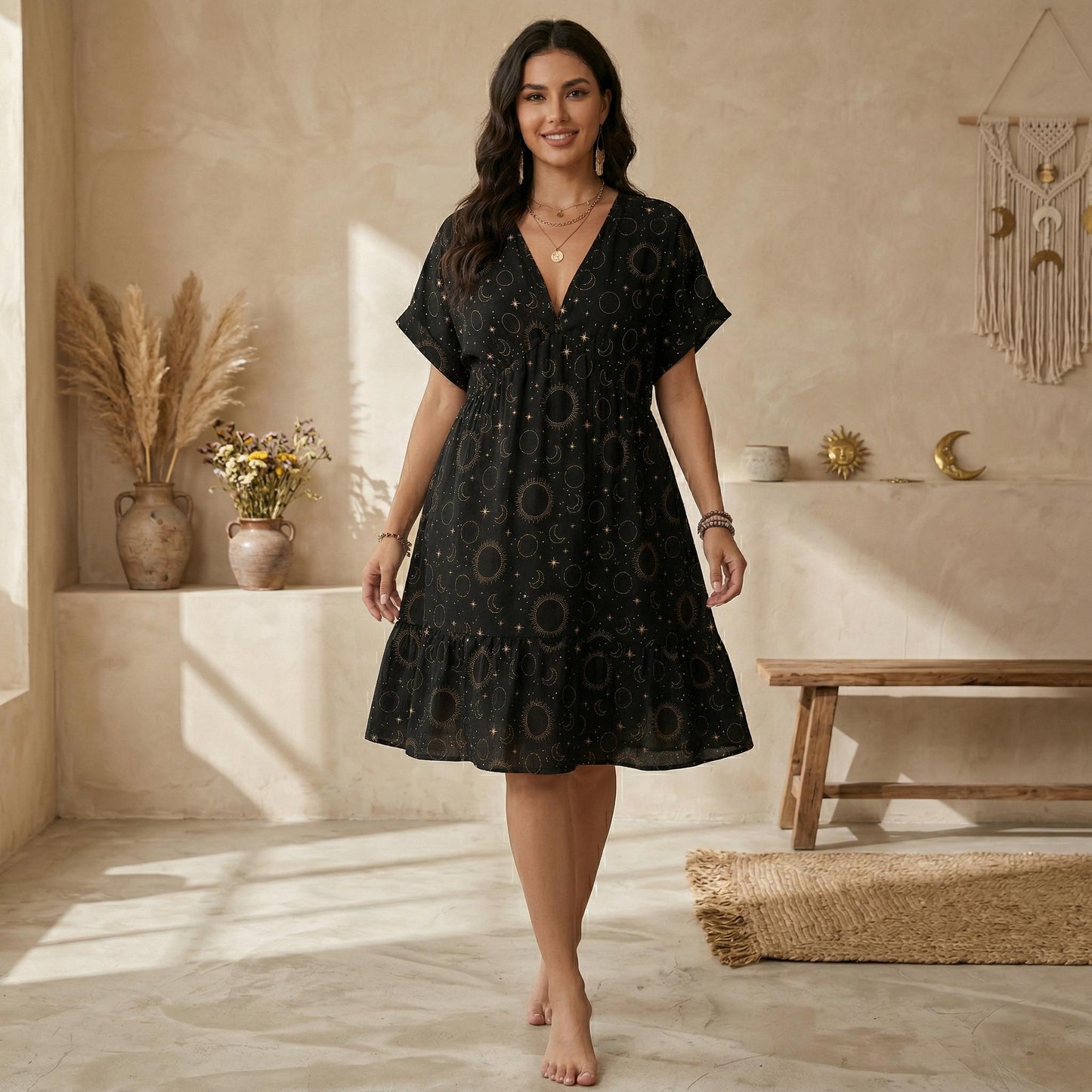 Black Celestial Moon Phase Babydoll Mini Dress, Astrology V Neck Sundress