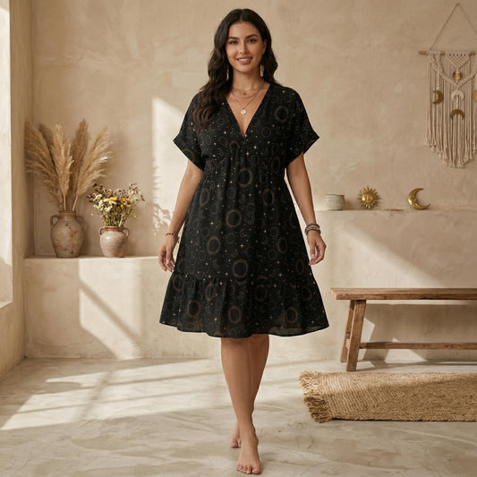 Black Celestial Moon Phase Babydoll Mini Dress, Astrology V Neck Sundress