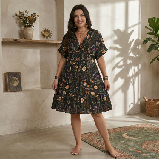 Dark Cottagecore Dress, Butterfly Snake Mushroom Floral Print Mini, Boho V Neck Sundress