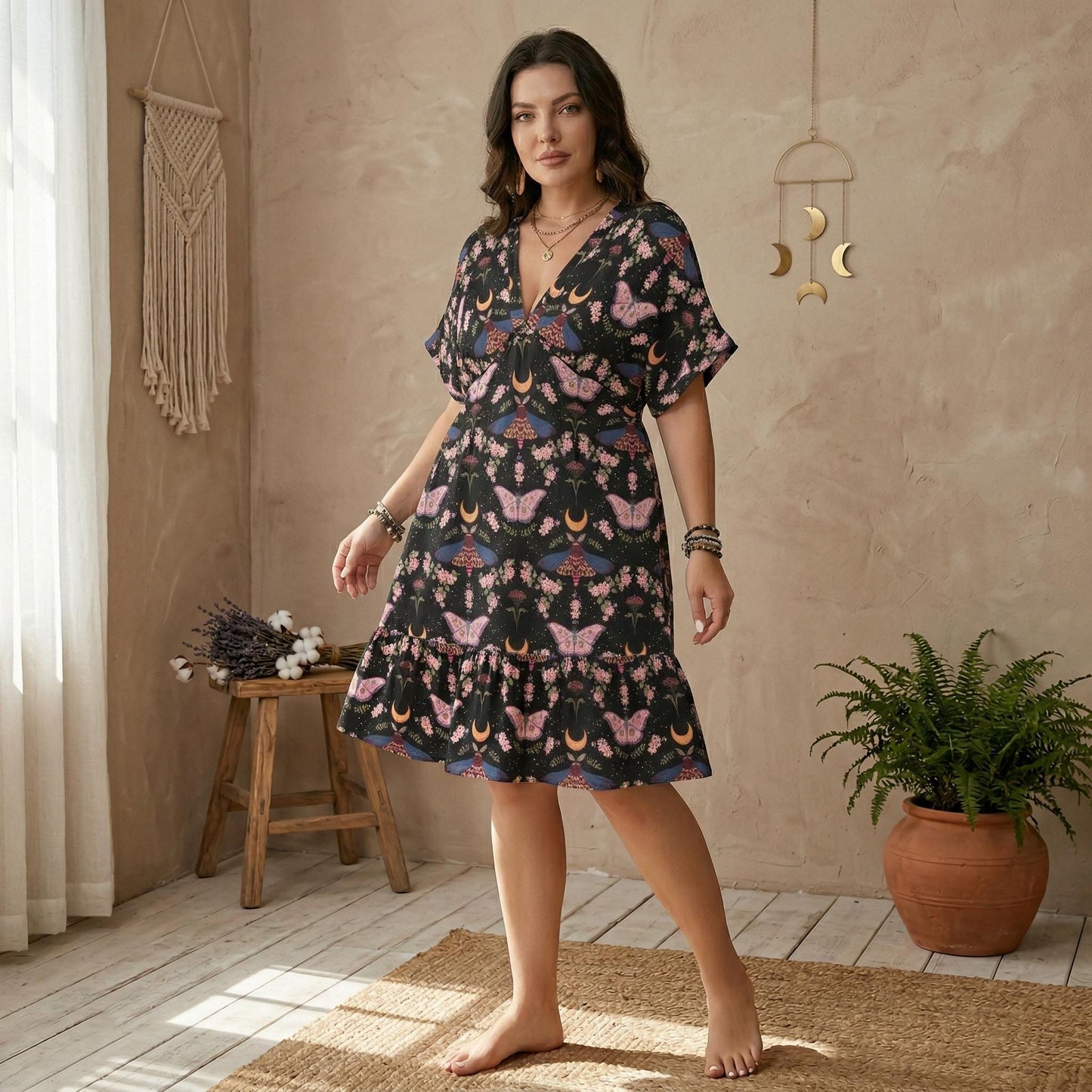 Boho Moth Dress, Moon Butterfly Floral Midi Dress, V Neck Festival Outfit for Women