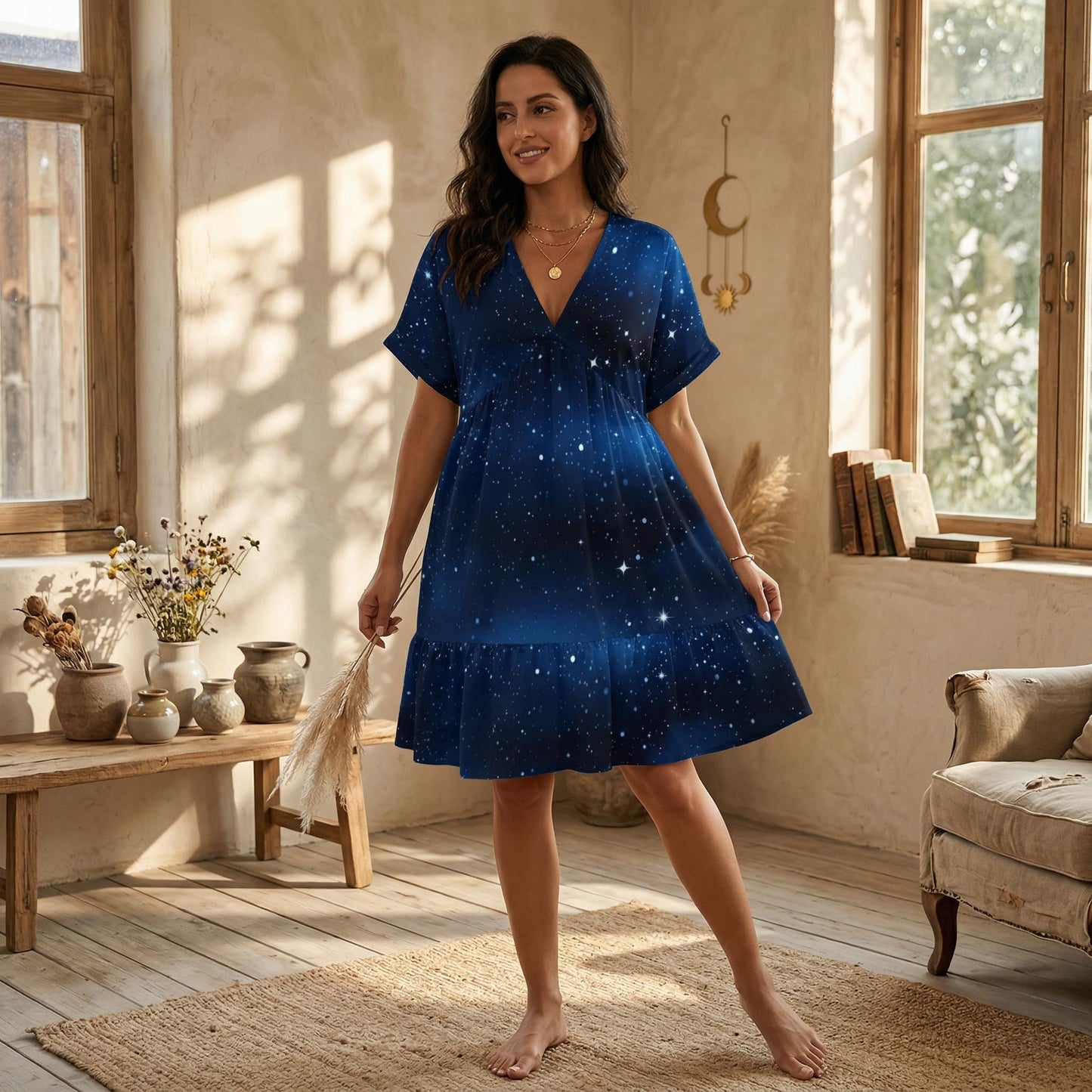 Navy Starry Sky Mini Dress, V Neck Babydoll Galaxy Sundress