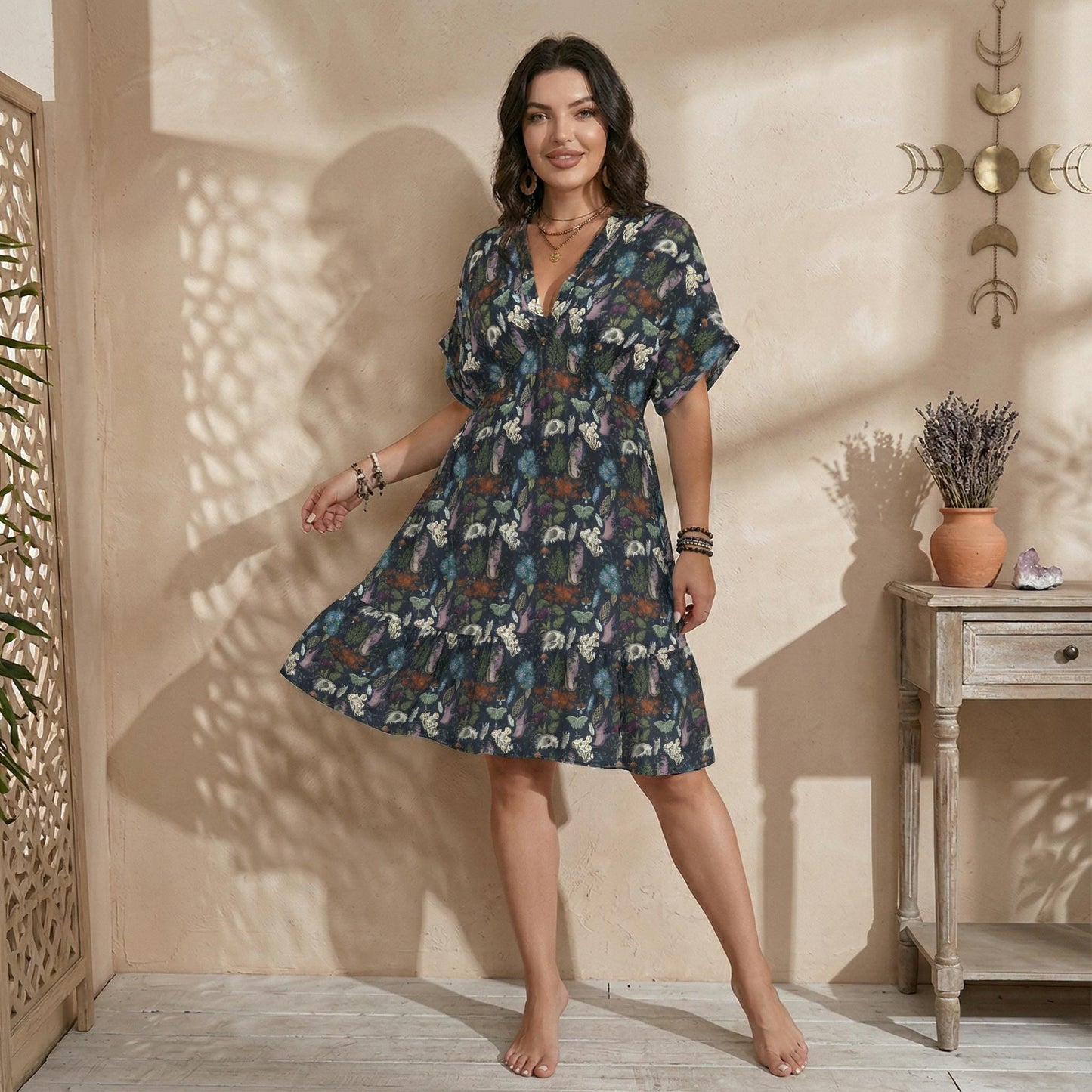 Mushroom Floral Babydoll Dress, Dark Woodland V Neck Mini Sundress