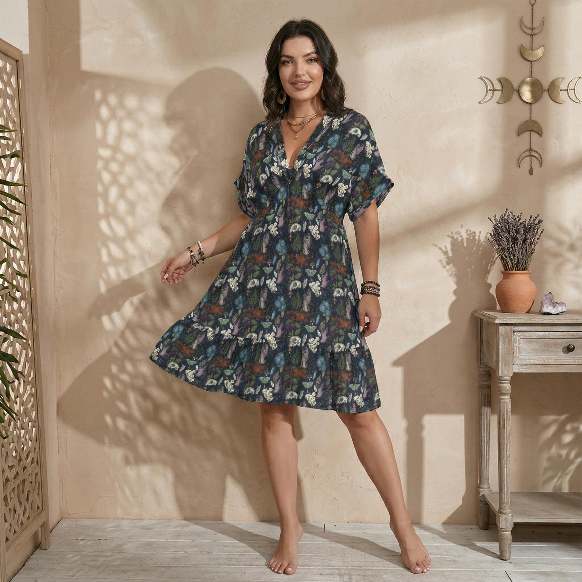 Mushroom Floral Babydoll Dress, Dark Woodland V Neck Mini Sundress