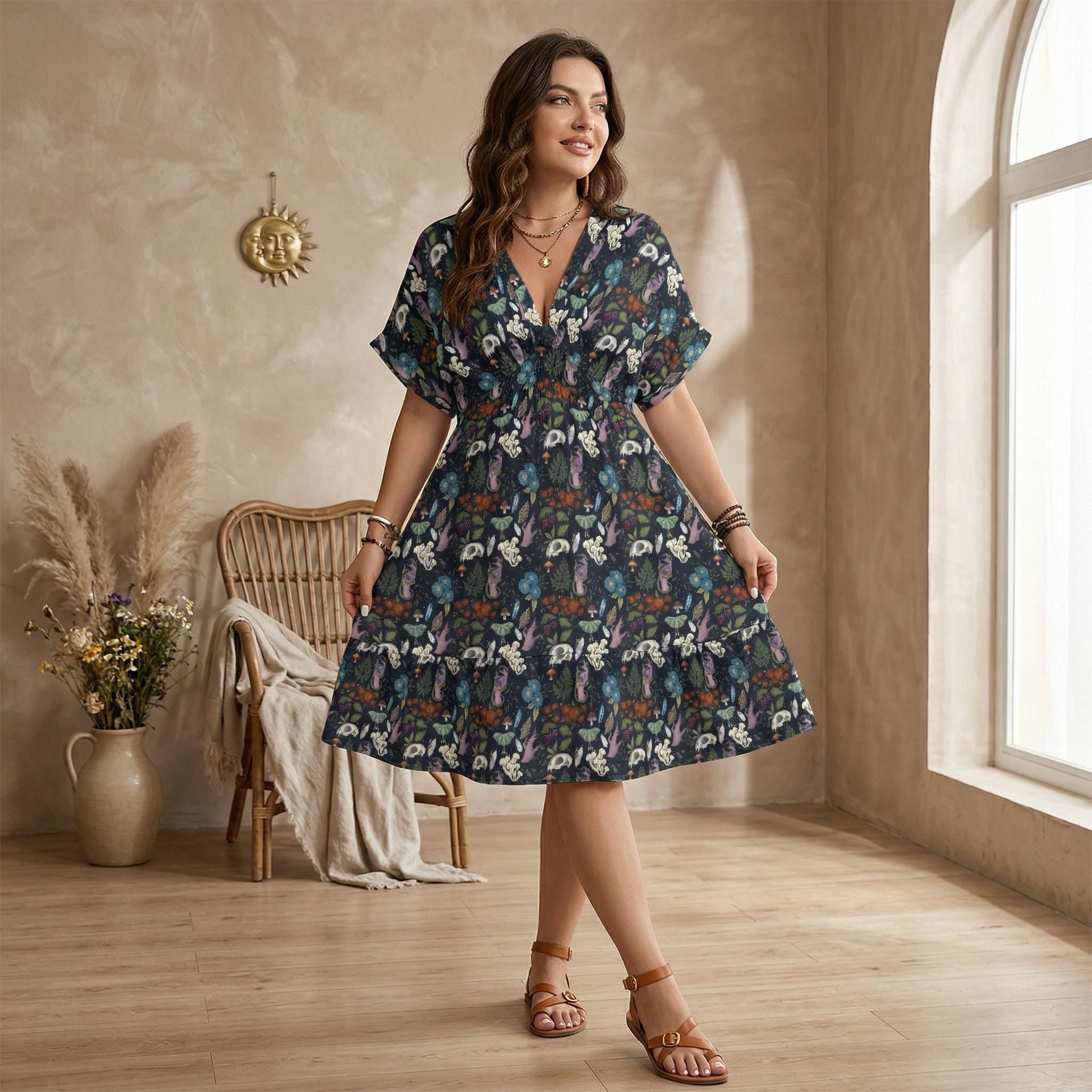 Mushroom Floral Babydoll Dress, Dark Woodland V Neck Mini Sundress