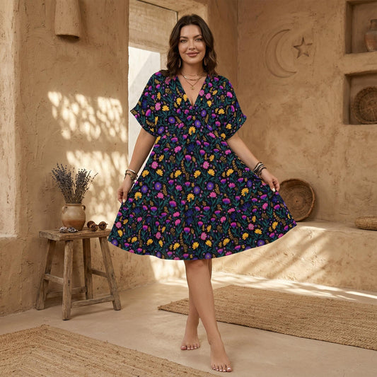 Boho Floral Midi Dress, Cottagecore V Neck Summer Vacation Dress